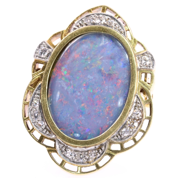 Vintage Brooch with Hidden Locket set with diamonds and big opal - circa 1940